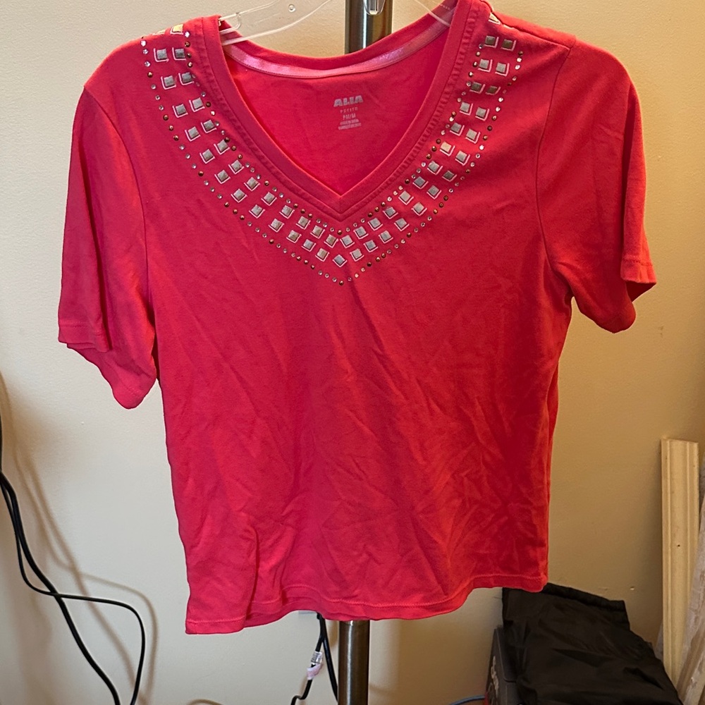 Alia Red Studded V-Neck Short Sleeve Top